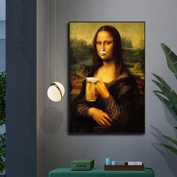 Sjove Mona Lisa Drikke Øl Lærred Malerier Berømte Plakater og Prints Væg Kunst, Modulære Billeder til stuen Home Decor