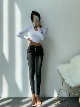2021 Knappen Dekoration Tynde Butterfly Jeans Kvinde, Høj Talje I Sort Elastisk Blyant Bukser Gratis Fragt Koreanske Streetwear