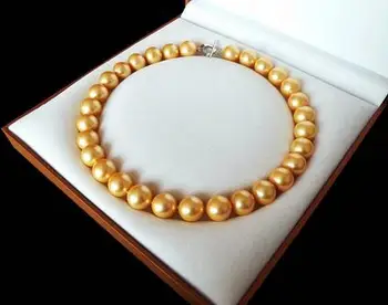 AAA+ Smykker Sjældne Store 12mm Ægte South Sea Golden Shell Perle Halskæde Hjerte Clasp 18