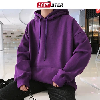 LAPPSTER Mænd Fleece Farverige Hættetrøjer 2020 Efteråret Herre Hip Hop Solid Hætteklædte Sweatshirts koreanske Mode Sort Vinter Hoodie