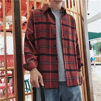 Plaid Shirt til Mænd Langærmet Nye Stil Hong Kong Style Efterår Par Studerende Ungdom koreansk-Stil Løs Mænd Skjorte Jakke