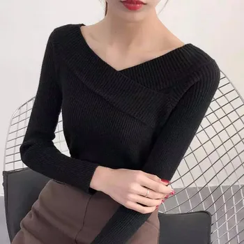 Trøjer Til Kvinder, Sexet Slash Hals Strikket Bunden Shirt Fall Winter Langærmet Pullover Sweater Koreansk Tøj