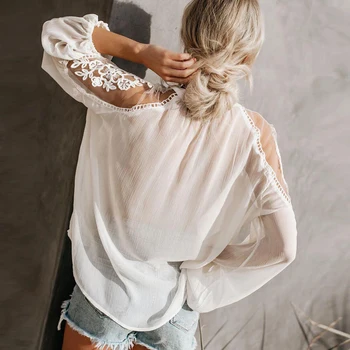 Oversize Sort Blonde Bluse Kvindelige Shirt Vintage Chiffon Sexy V Hals Løs Boho Casual Bluser med Lange Ærmer Kvinder Bluser og Toppe