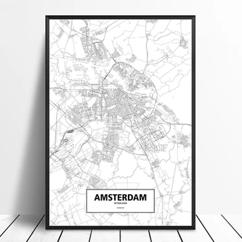 Amsterdam, Holland Sort Hvid Brugerdefinerede Verden Bykort Plakat Lærred Print, Nordiske Stil Væg Kunst, Home Decor