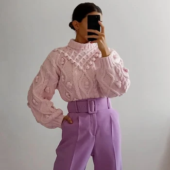 Ardm Za 2020 Kvinder Mode Med Pompoms Løs Strikket Sweater Vintage Høj Hals Pink Vinter Twist Trække Kvindelige Pullovere Smarte Top