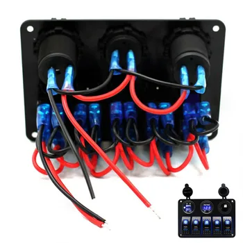 1 stk 12V Auto 5 Bande Blå LED Rocker Switch Panel Bil, Båd USB Charge LCD-Voltmeter til cigarettænderen Med 120 Decals