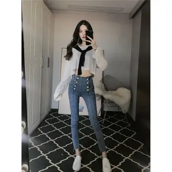 Kvinder Plus Size Denim Jeans Forår og Efterår koreanske High Waist Stretch Blyant Jeans Elastisk Tynde Dobbelt Bottons Bukser A02