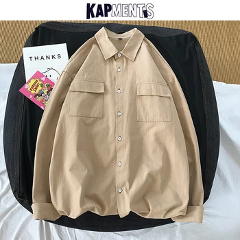 KAPMENTS Harajuku Solid langærmet Shirt Til Manden 2020 Bomuld Lommer Streetwear Skjorter Mandlige koreanske Mode Oversize Tøj