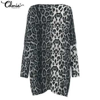 Celmia Vintage Bluse med Lange Ærmer Sexet Leopard Bluse med V-hals Dame Office-Shirt, Tunika Casual Løs Toppe Plus Size Blusas