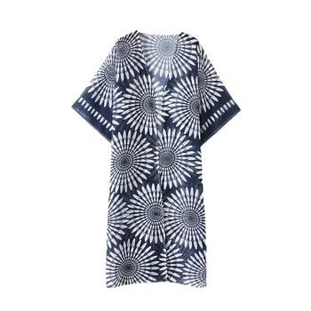 Kvinder Sommeren Vintage Cardigan Geometri Print Kimono Beach Cover Up Bikini Pareo Mørke Blå Badetøj Robe De Plage 2020
