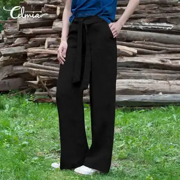Celmia Vintage Lange Bukser Kvinder Elastik I Taljen Afslappet Bred Ben Bukser Solid Løs Jakker For Damer Pantalon Femme Mode Palazzo
