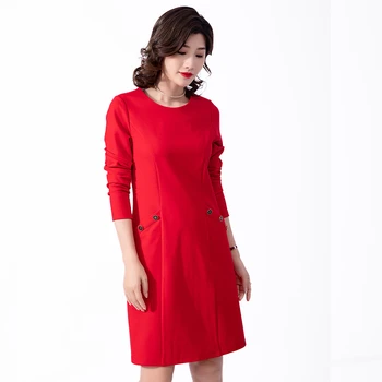 Vintage Rød kjole til kvinder foråret efteråret plus størrelse 4xl 5xl 6xl o-hals lange ærmer lige kontor damer kjoler med lommer