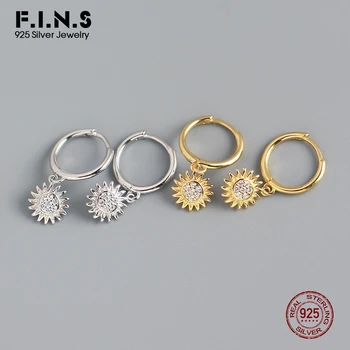 F. I. N. S 925 Sterling Sølv, Lille Hoop Øreringe Zircon koreansk Mode Geometriske Solen Vedhæng Øreringe Hoops for Kvinder