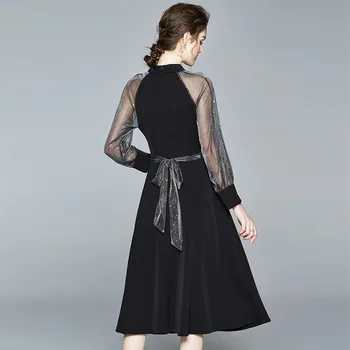 Foråret og sommeren 2020 nye kvindernes Påklædning Star Palliet mesh langærmet splejsning A-linje big swing kjoler