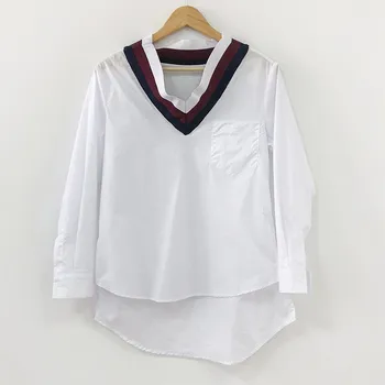 Kpop koreanere Kendte samme koreansk Mode Sommeren College stil langærmet Hvid skjorte Kvinder er løstsiddende med V-hals Bluse Casual Toppe