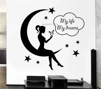 Søde vægoverføringsbillede Teenager Baby Pige Fe Moon Star Drømme Soveværelse Dekoration Vinyl Klistermærker Flytbare Vægmalerier YY135