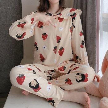 Koreanere Pyjamas Kvinder Foråret Efteråret langærmet Nattøj Sæt Bomuld Dukke Løs krave To-stykke med Hjem, der Passer Vinter Pijama Kvindelige