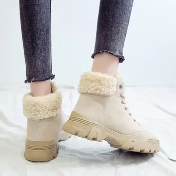 Fujin kvinder sne støvler beige plys varme pels kausale støvler sko sneakers ankel støvletter platform tyk sål lace up vinter sko