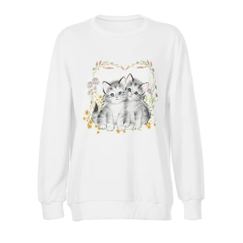 Kat Print Sød Hvid Oversize Sweatshirt Efteråret Sød Langærmet Sweat Shirt Casual Løs Pullover Mænds Streetwear