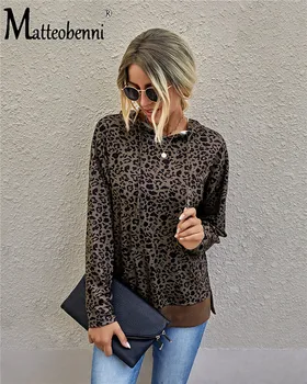 Damer Mode Leopard Print Uregelmæssige Hættetrøje til Kvinder Pullover med Lange Ærmer Lomme Hoodie Sweatshirt Efteråret Sports Top 2020 Ny