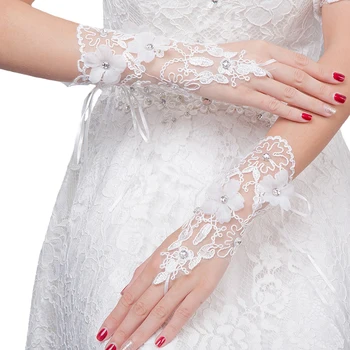 Fashion Gratis Blonde Korte Brude Handsker Hvide Pyntelister Broderet Fingerløse Bryllup Handsker Til Brud Til Ægteskab Tilbehør