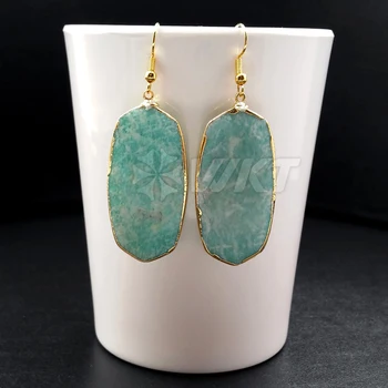 WT-E350 Engros naturlige amazonit sten øreringe med 24K guld trim mode rhombus grønne sten øreringe smykker til kvinder
