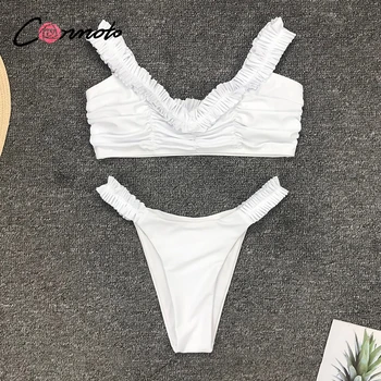 Conmoto brazilian bikini High cut badetøj kvinder sexet solid hvid bikini 2020 mujer flæsekanter badedragt kvindelige badende badedragt