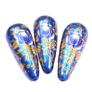 Blå Japan Maleri Vintage Japansk Farvet Tegning Perler Drop bunden af farve Blomst Mønster Uigennemsigtig 13X33mm 10 Stk/masse