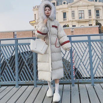 Kvinder er Vinter Parka Coat 2021 Nye koreanske Lang 90% Hvide andedun Naturlige Pels Krave Tyk Løs Langærmet Mode Jacket8E