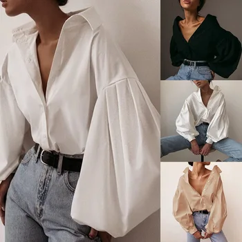 2020 Lanterne Ærme Elegant Skjorte Hvid Sort Sexet Knappen Vintage Bluse Turn Down Krave Kontor Damer Shirt Kvindelige Casual