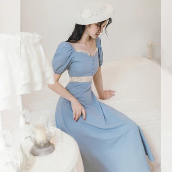 COIGARSAM i fransk Stil, som Kvinder kjole Vintage Puff Ærmer Kjoler Blå Y1090