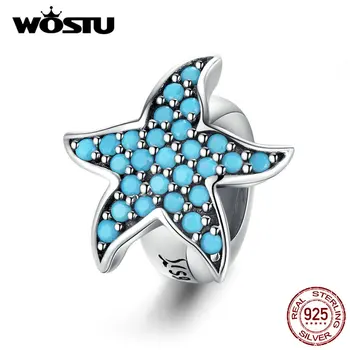 WOSTU 925 Sterling Sølv Søstjerner Silikone Prop Spacer Blue Zircon Charms Vedhæng Passer Oprindelige Armbånd-Perle Smykker DXC1313