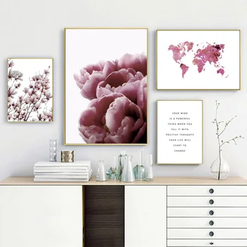 Tulip Magnolia Pink Verdenskort Wall Art Lærred Maleri Nordiske Plakater Og Prints Blomst Væg Billeder Til Stuen Home Decor