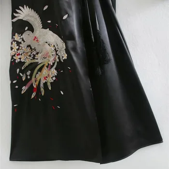 Qeils Kvinder Chic Mode Bælte Bundet Broderi Kimono Midi Kjole Casual Vintage Wrap V-Hals Lange Ærmer Kvindelige Kjoler Vestidos