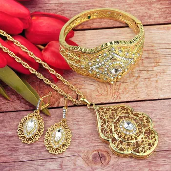 Sunspicems Afrika Guld Farve Bryllup Smykker Sæt til Kvinder Algeriet Armbånd Øreringe Halskæde Crystal Traditionelle Tilbehør Gave