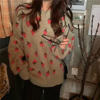 Søde Jordbær Strikket Sweater Kvinder Søde Koreanske Bluse Med Lange Ærmer Løs Overtøj Plus Size Sweater Jakke Oversize Sweater