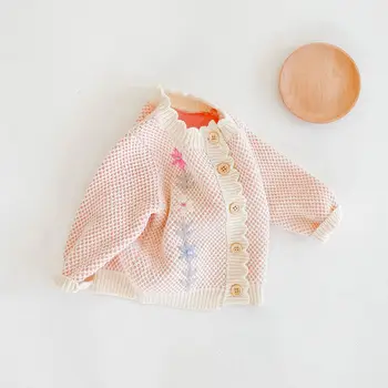 Nye Baby Sweater Strikket Frakke Blomsterbroderier Drenge Piger Toddler Solid Sweater Spædbarn Strikket Cardigan Børn Nyfødte Tøj