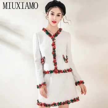 MIUXIMAO Bedste Kvalitet 2019 Falder Kontor Dame Twinset Elegante Fuld Ærme Top + Luksus Stereo Blomst Nederdel Passer Vestidos