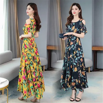 2020 koreanske sommeren nye damemode temperament O-hals og print korte ærmer lange afsnit chiffon kjole kvinder