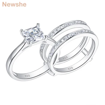 Newshe Massiv 925 Sterling Sølv Vielsesringe For Kvinder Solitaire Prinsesse Cut Engagement Ring, Eternity Zircon Guard Band