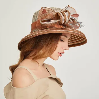 Kvinder er Kentucky Derby Hat Luksus Wide Brim Blomster Fjer til Side Patchwork af Papir, Halm solhat Sommeren Kirke, Fest, Bryllup Hat