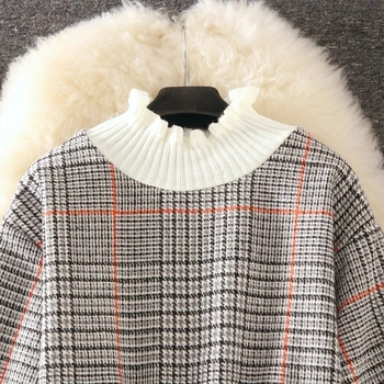2020 Efterår og Vinter Nye Kvinder Ruched Krave Pullover Plaid Sweater Mode Ruched Taljen Kontrast Farve Strikket Sweater Vilde Top