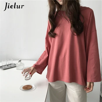 Jielur Tshirt 7 Solid Farve Harajuku T-Shirt Kvinder Flare Ærmet Grundlæggende koreanske Top Femme langærmet Hvid T-shirt Ropa Mujer