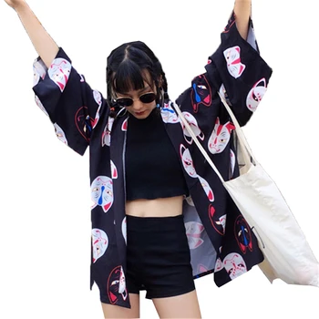 Neploe Kvinder Cardigan Kimono Harajuku Halv Ærmer V-hals Bluser Toppe Kat Print Coat Løs Sort Rød Chiffon Shirts Blusas 33423