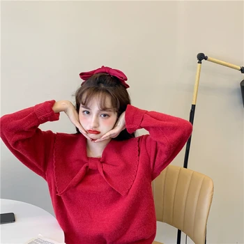 Japansk Efterår Og Vinter Nye Dovne Stil Trøjer Vintage Rød Sløjfe Krave Fuld Ærme Pullovere Søde Piger At Strikke En Solid Farve Trøje
