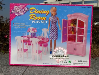 Mode Køkken møbler, tilbehør Sæt Spille Bdining bord + Vin kabinet suite tilfældet for barbie Dukke 1/6
