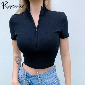Rapcopter Afslappet Kvinder Zip Solid T-Shirt Til Sommeren 2020 Fashion Streetwear Slank Cropped Toppe Damer Bomuld Grundlæggende Harajuku T-Shirt