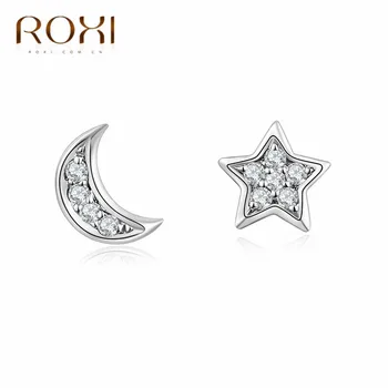 ROXI 925 Sterling Sølv Stud Øreringe til Kvinder Smykker Mode Lille Asymmetrisk Moon Star Øreringe Enkel Cubic Zirconia Øreringe