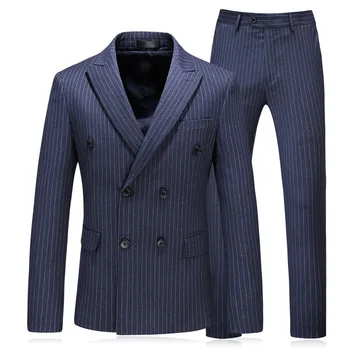 Nye Plus Size Mandlige Dobbelt Breasted Slank Jakkesæt Mand Fashion Business Casual Stripe Blazer Tre-stykke Studievært Fase Tøj