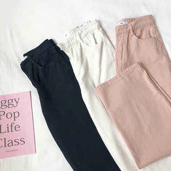 Efteråret Pink Kvinder Boyfriend Jeans Med Høj Talje Bomuld Sort Hvid Koreansk Stil Kvindelige Denim Bukser Med Brede Ben Jeans